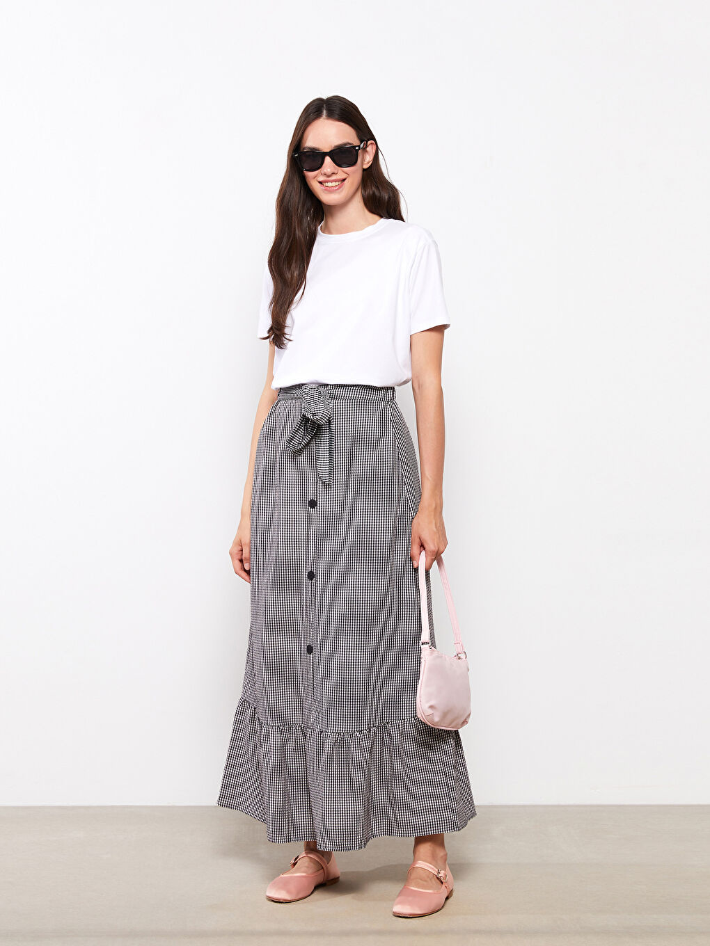 Siyah Beli Lastikli Ekose A Kesim Kadın Etek-1