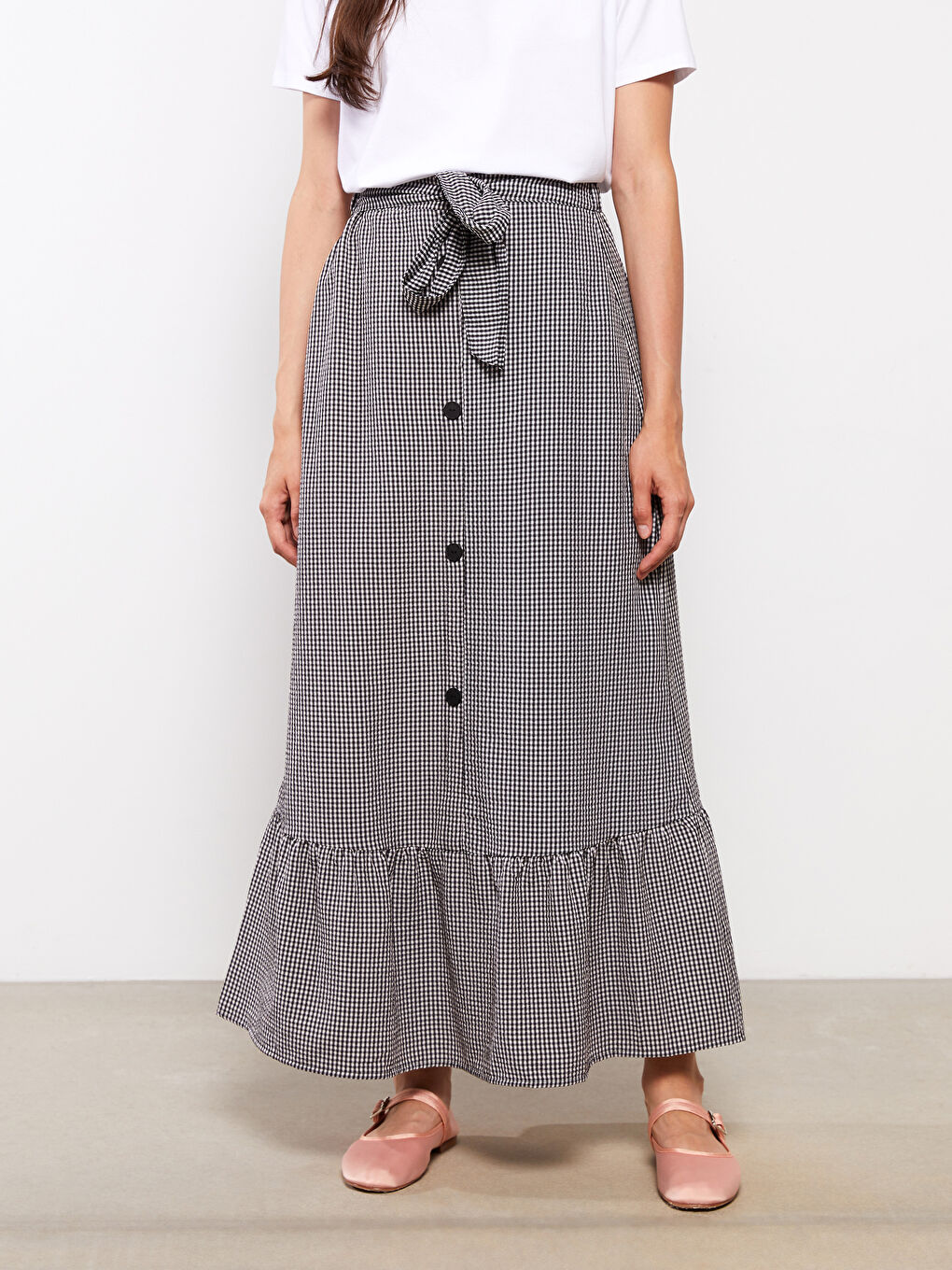 Siyah Beli Lastikli Ekose A Kesim Kadın Etek-2