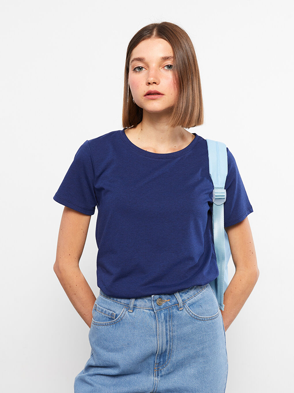 Lacivert Bisiklet Yaka Düz Kısa Kollu Kadın Tişört-2