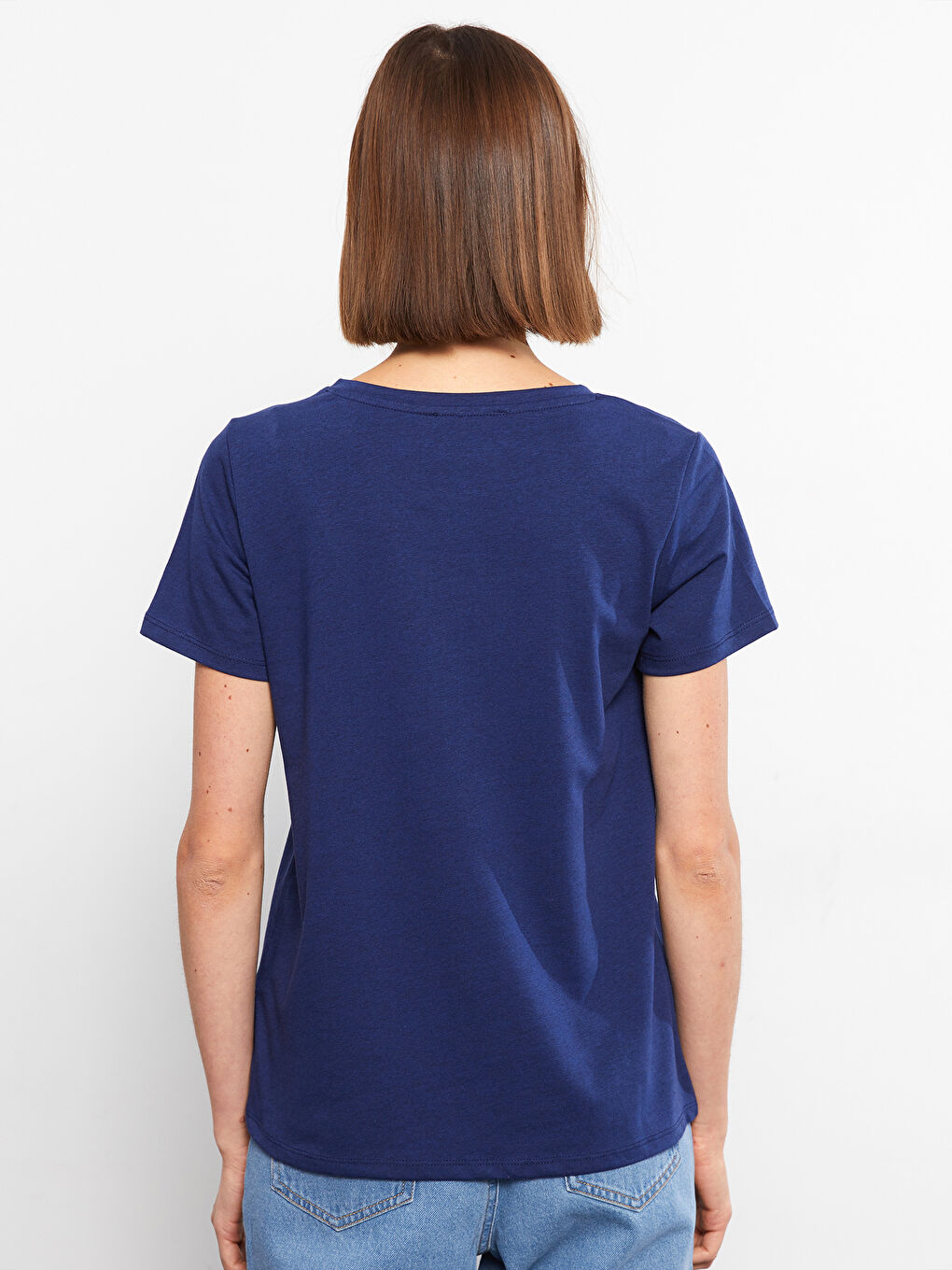 Lacivert Bisiklet Yaka Düz Kısa Kollu Kadın Tişört-4