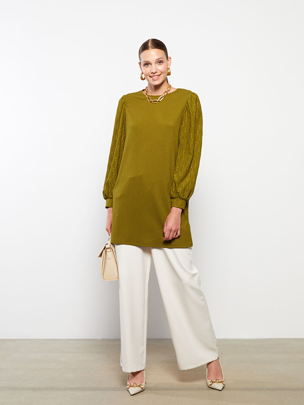 Yeşil Bisiklet Yaka Desenli Uzun Kollu Kadın Tunik