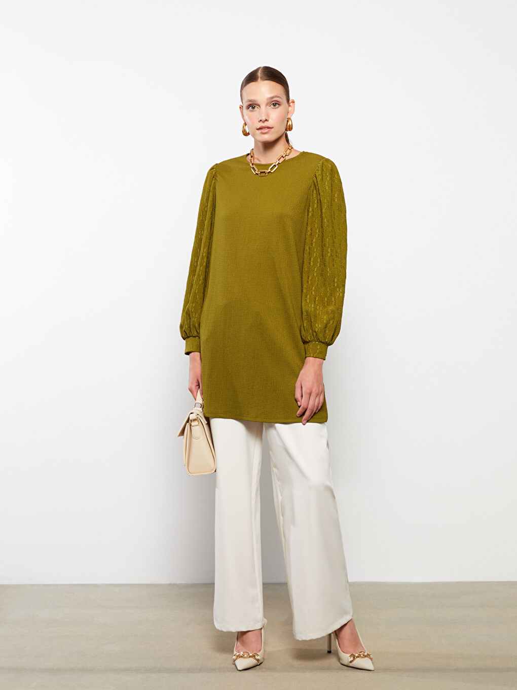 Yeşil Bisiklet Yaka Desenli Uzun Kollu Kadın Tunik-1