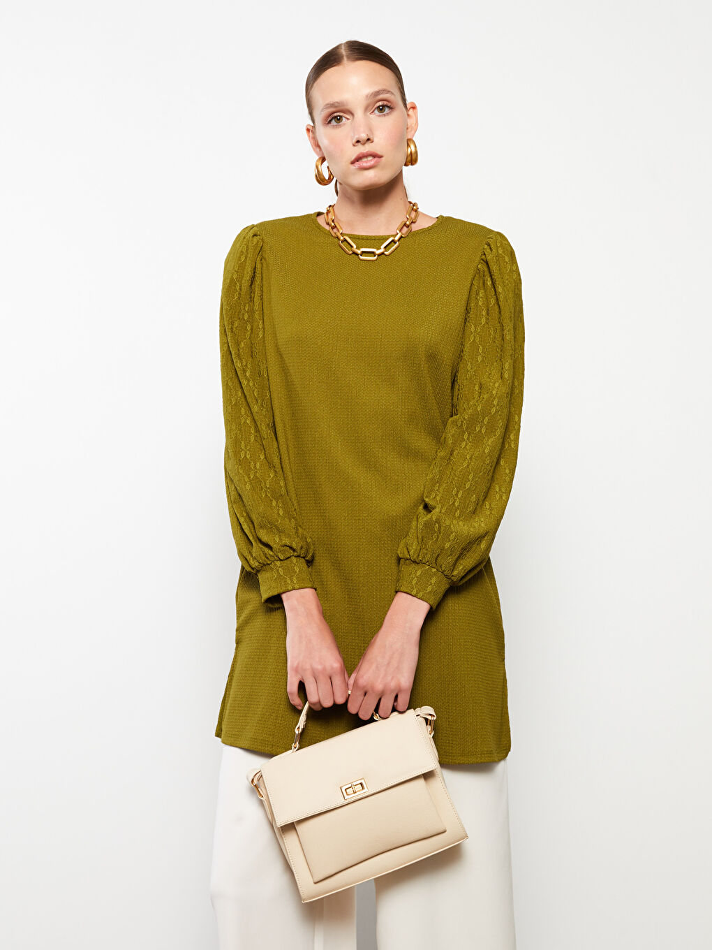 Yeşil Bisiklet Yaka Desenli Uzun Kollu Kadın Tunik-2