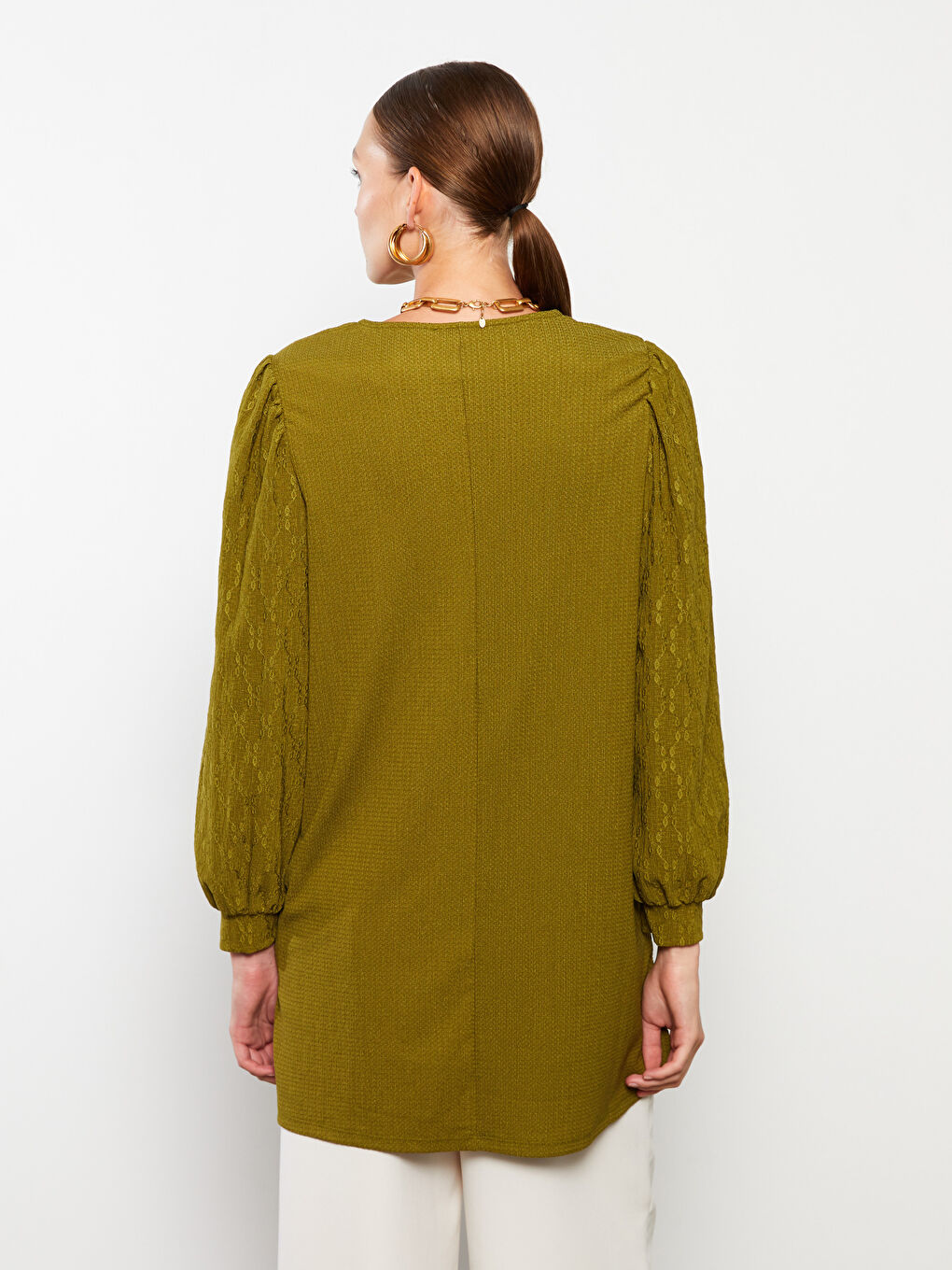 Yeşil Bisiklet Yaka Desenli Uzun Kollu Kadın Tunik-4