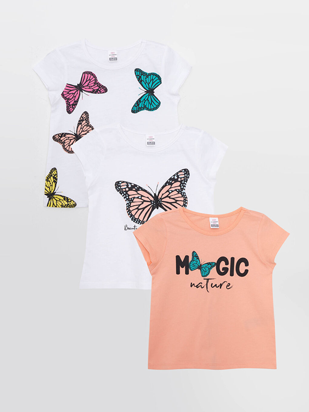 Ekru Bisiklet Yaka Kısa Kollu Baskılı Pamuklu Kız Bebek Tişört 3'lü