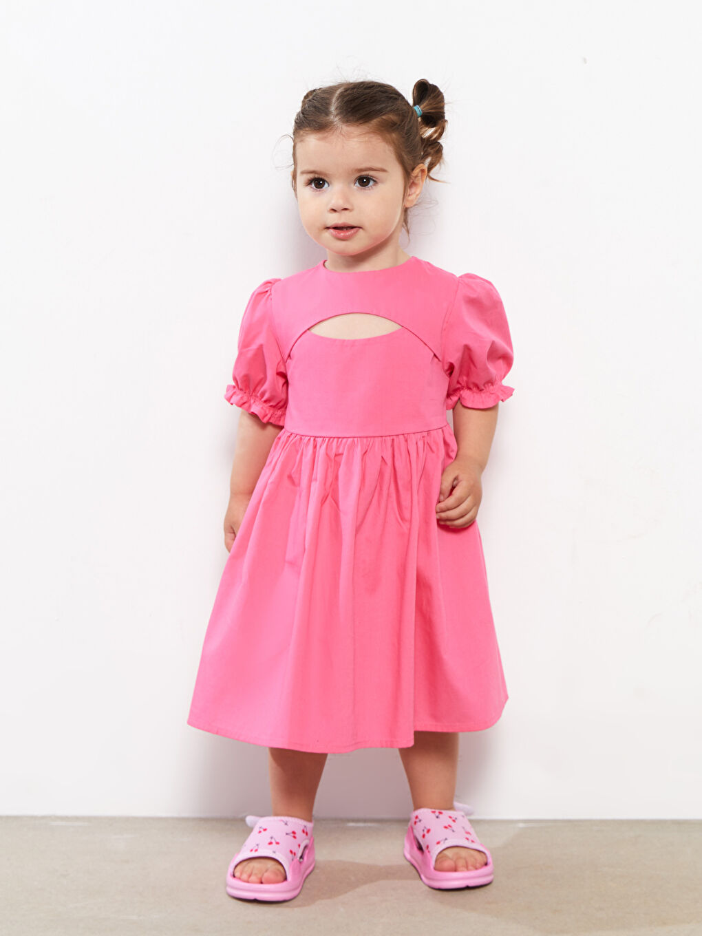 Pembe Bisiklet Yaka Kısa Kollu Basic Kız Bebek Elbise