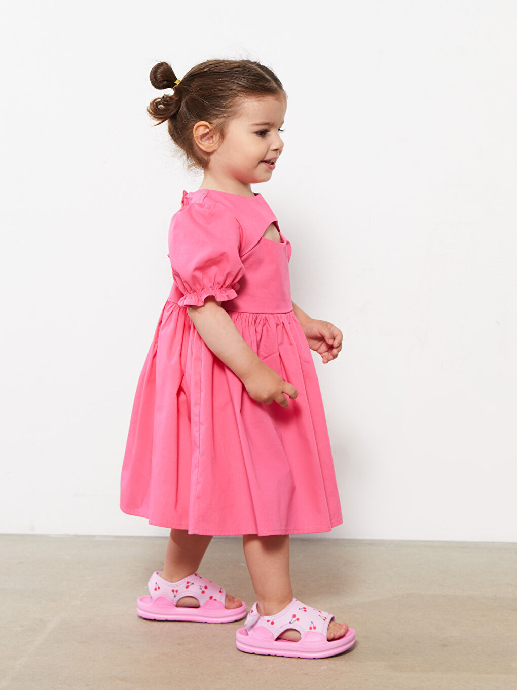 Pembe Bisiklet Yaka Kısa Kollu Basic Kız Bebek Elbise-1