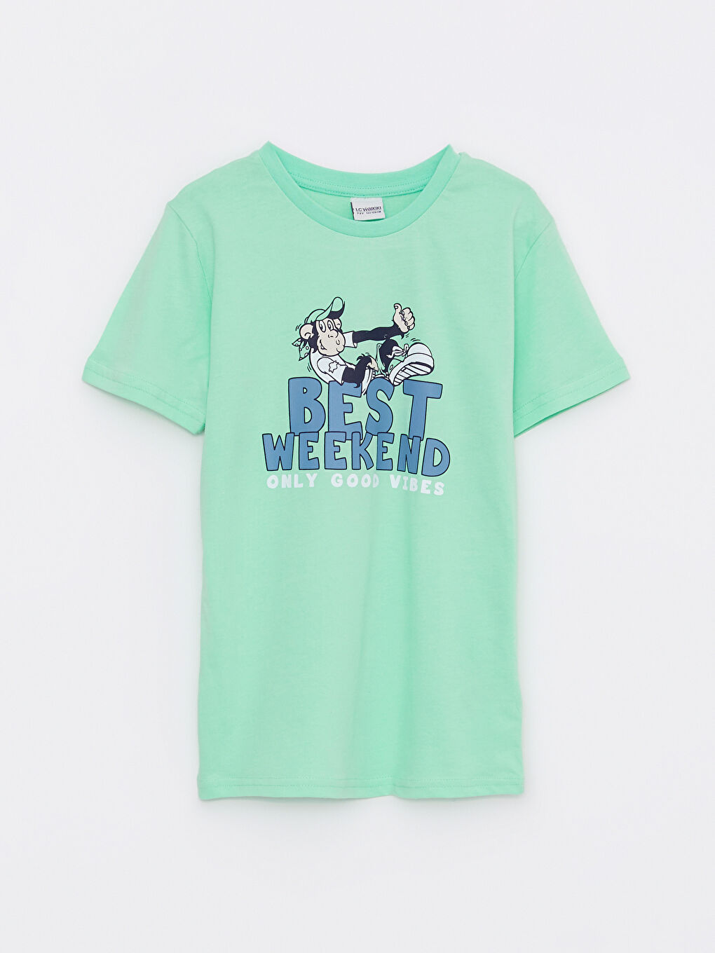 Yeşil Bisiklet Yaka Nostaljik Maymun Baskılı Kısa Kollu Erkek Çocuk Tişört-3