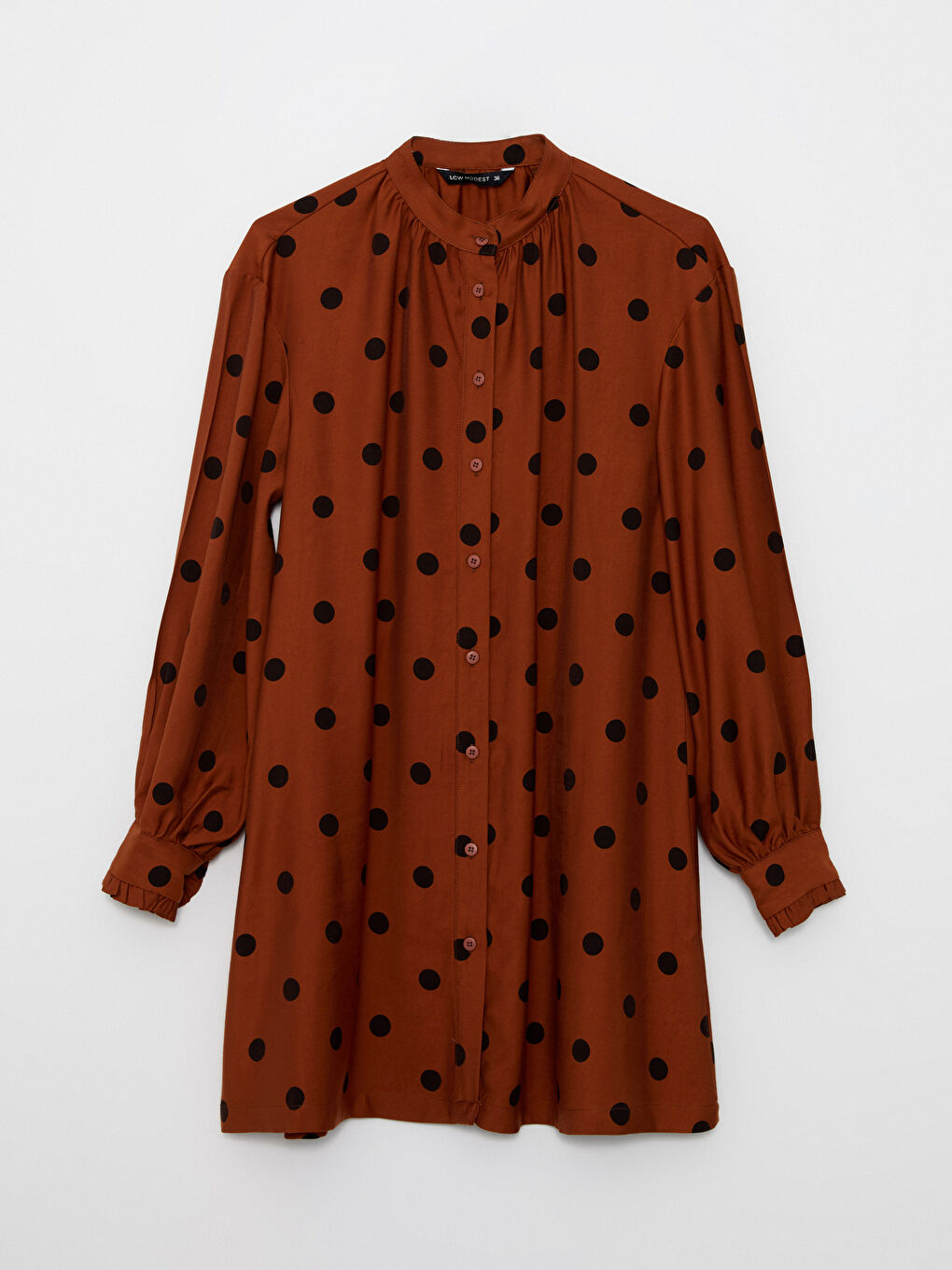 Kahverengi Hakim Yaka Puantiyeli Uzun Kollu Viskon Kadın Tunik-5