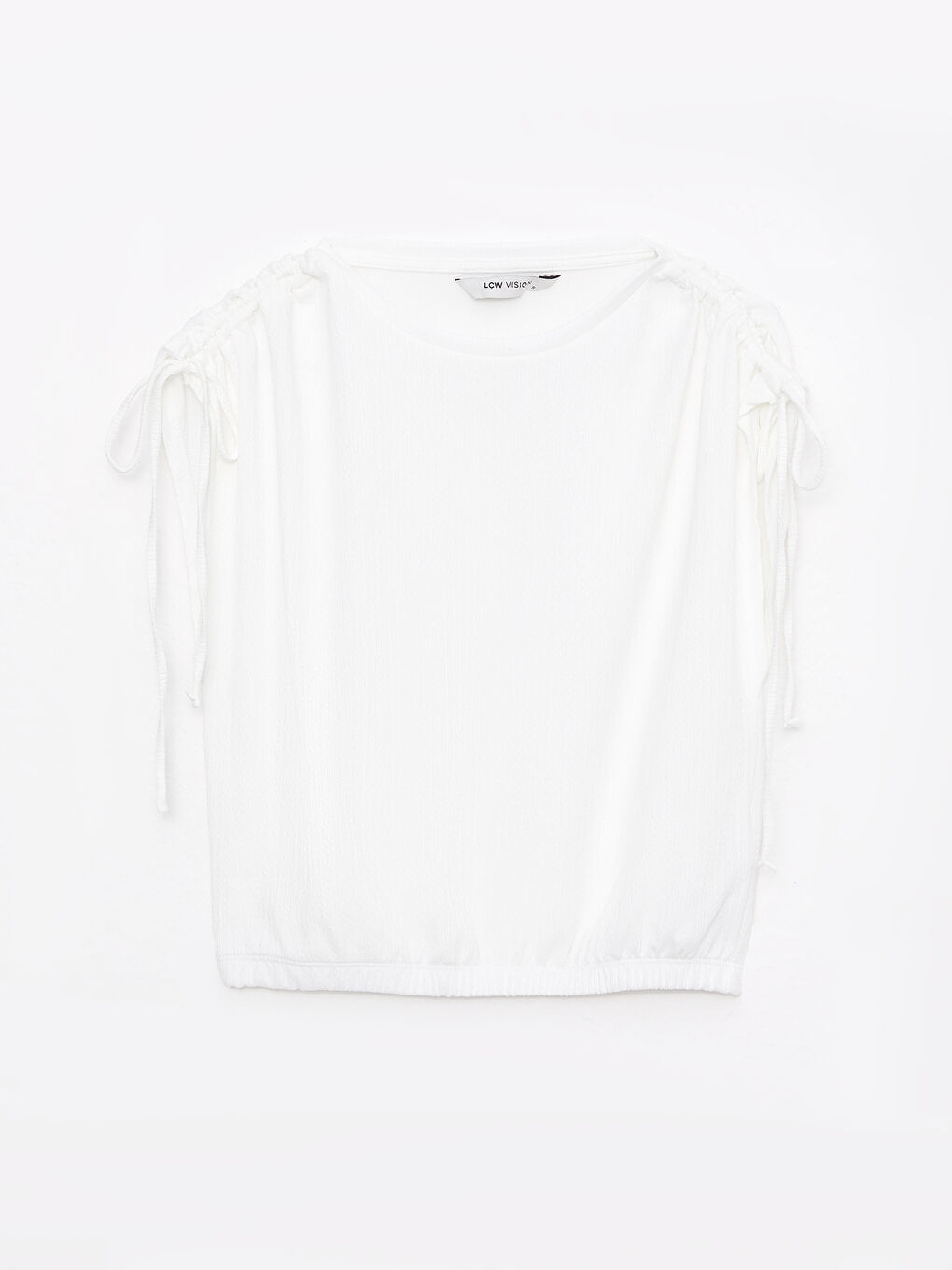 Ekru Bisiklet Yaka Düz Kısa Kollu Kadın Tişört-5