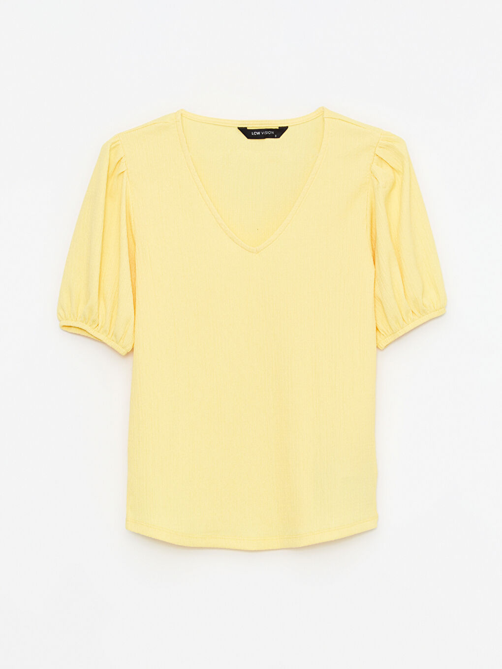 Sarı V Yaka Düz Kısa Kollu Kadın Tişört-5