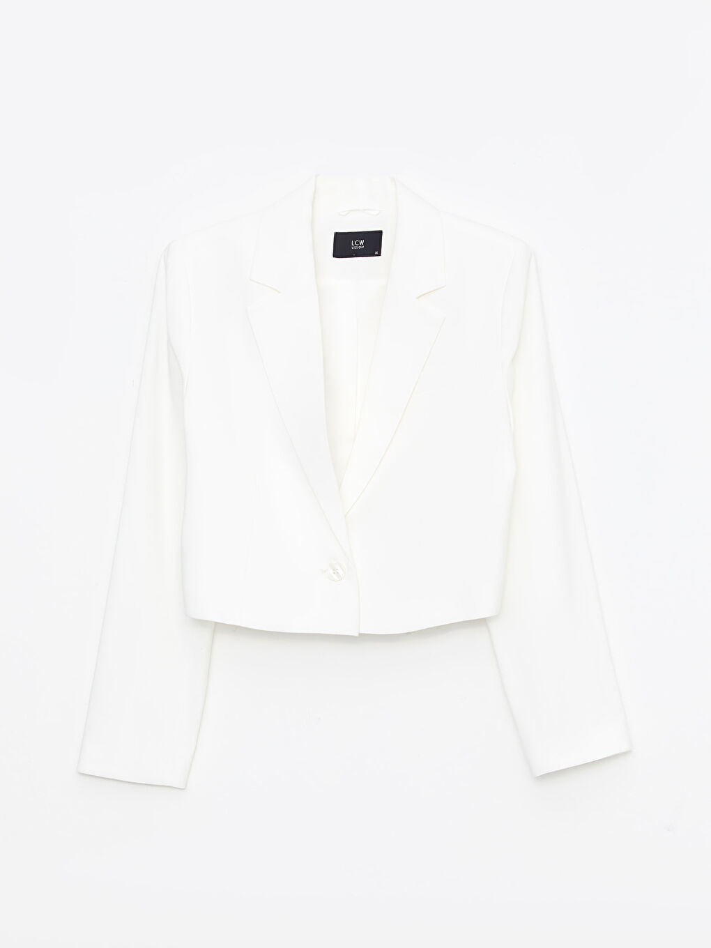 Beyaz Önden Düğme Kapamalı Düz Uzun Kollu Crop Gabardin Kadın Blazer Ceket-8