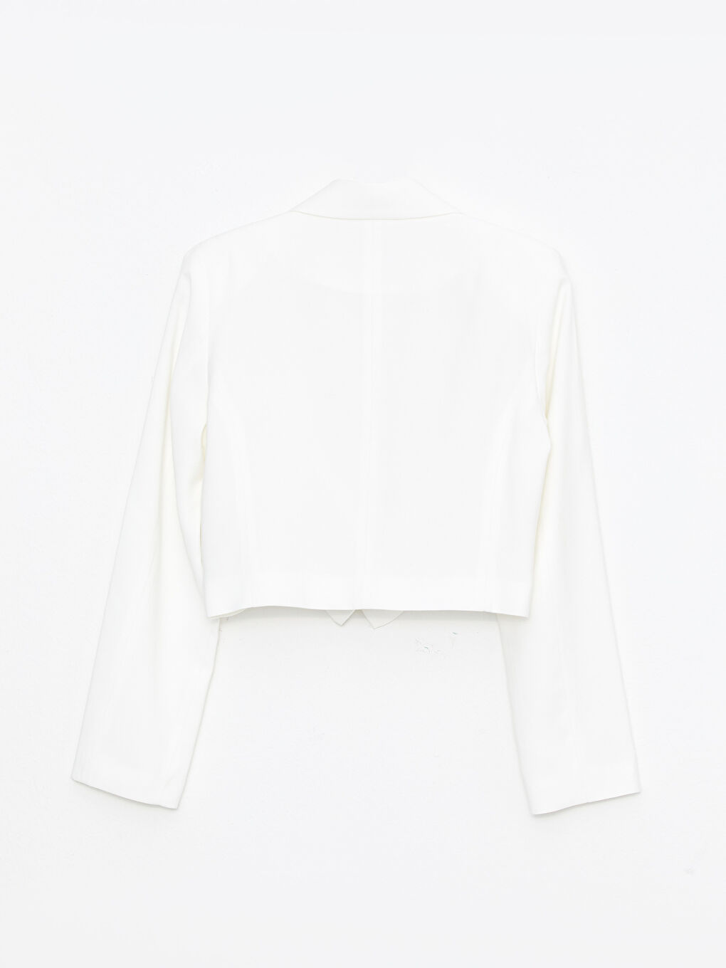 Beyaz Önden Düğme Kapamalı Düz Uzun Kollu Crop Gabardin Kadın Blazer Ceket-9