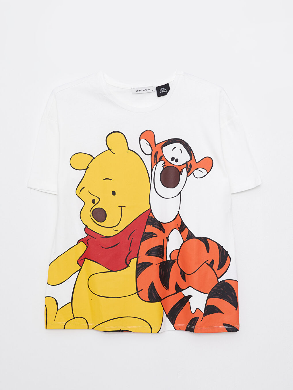 Ekru Bisiklet Yaka Winnie the Pooh Baskılı Kısa Kollu Pamuklu Kadın Tişört