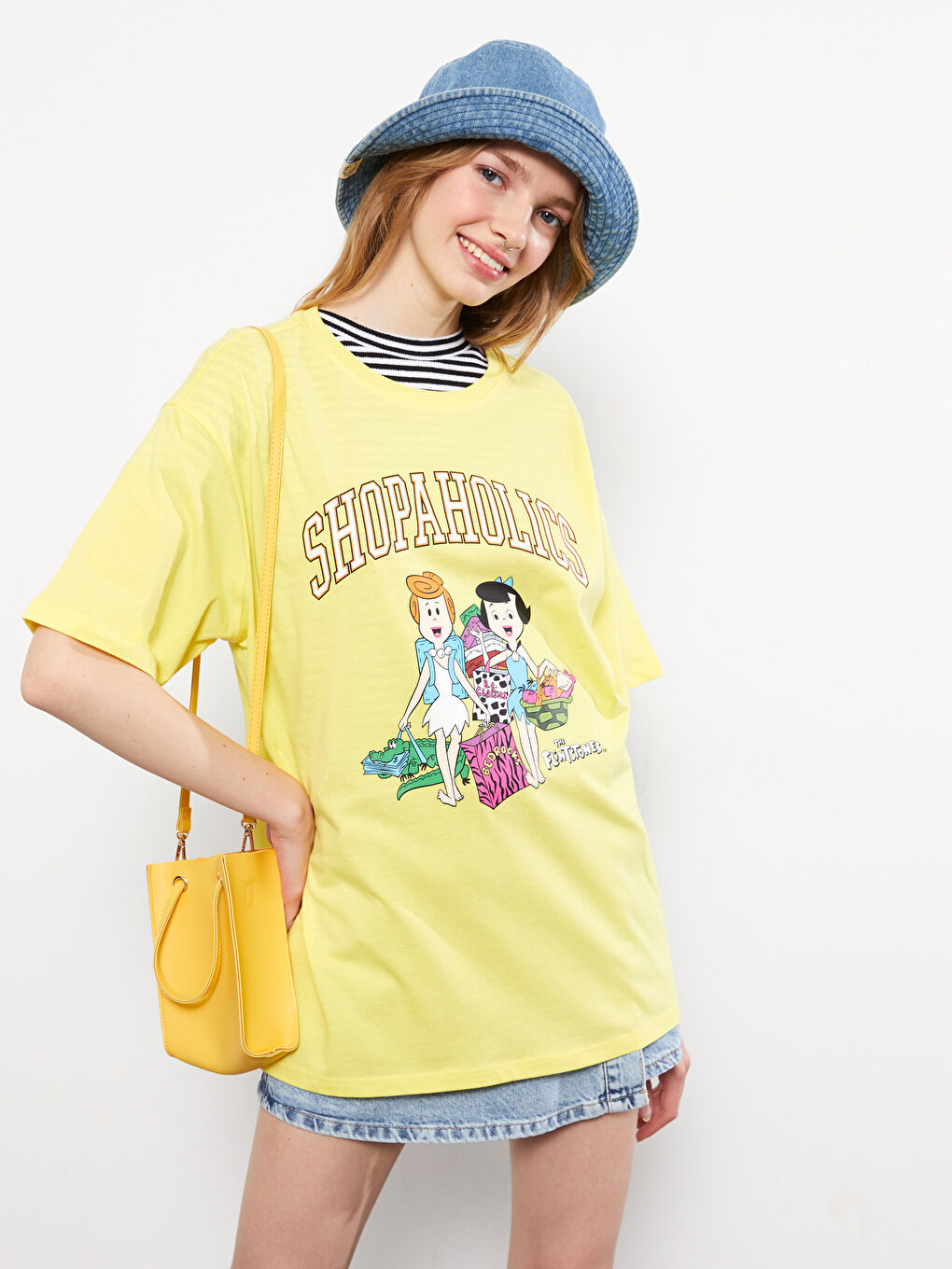 Crew Neck Flintstones Printed Short Sleeve Cotton Women's T-Shirt-1