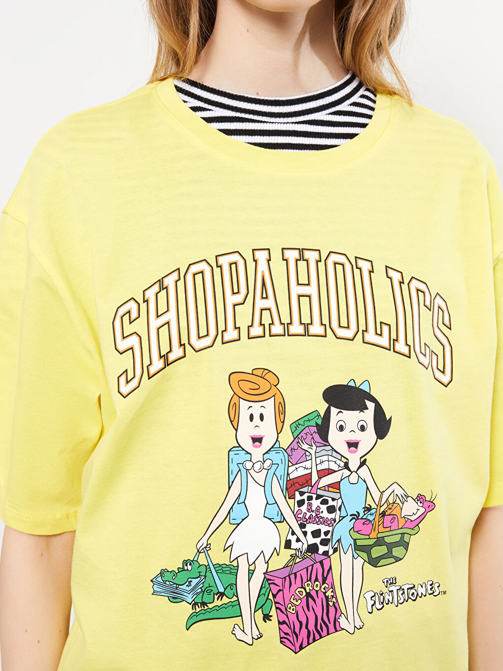 Crew Neck Flintstones Printed Short Sleeve Cotton Women's T-Shirt-3