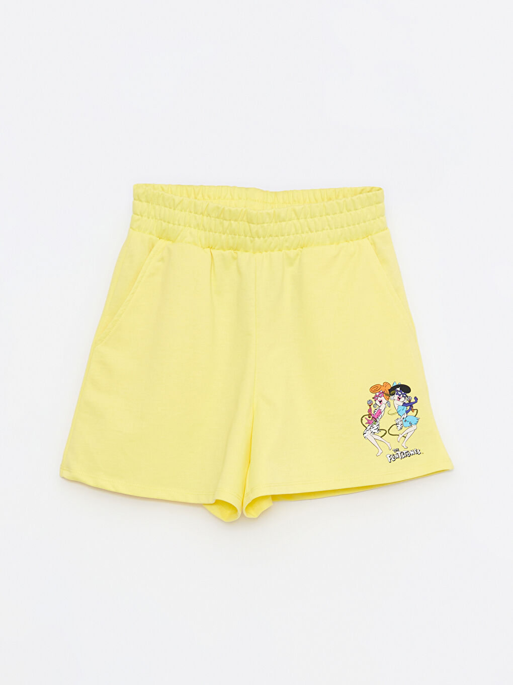 Sarı Beli Lastikli Taş Devri Baskılı Kadın Şort-5