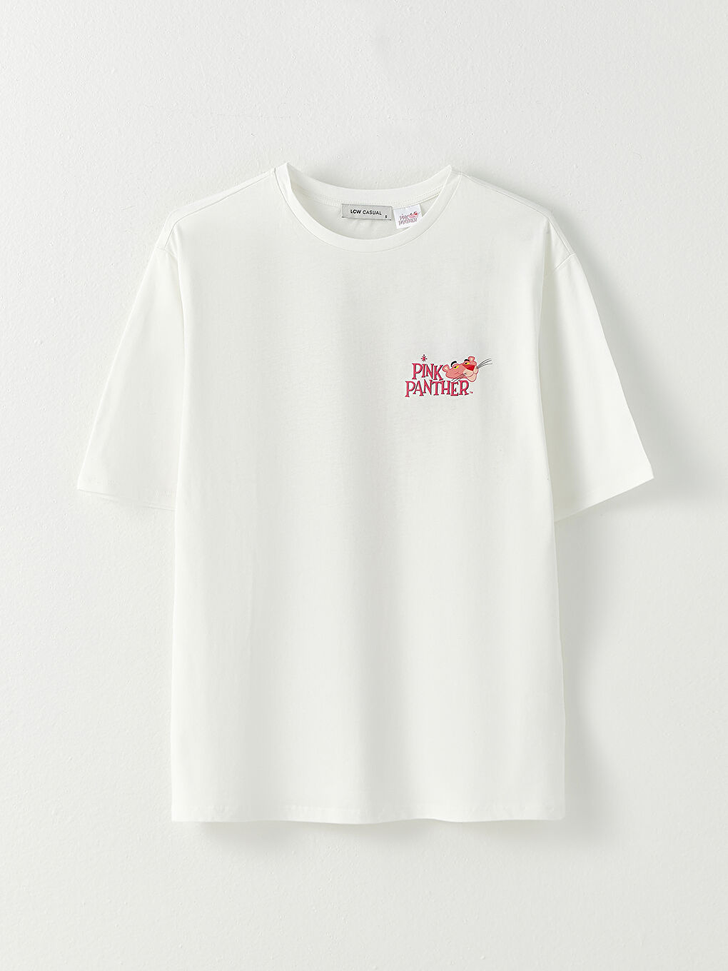 Ekru Bisiklet Yaka Pink Panther Baskılı Kısa Kollu Pamuklu Kadın Tişört-5