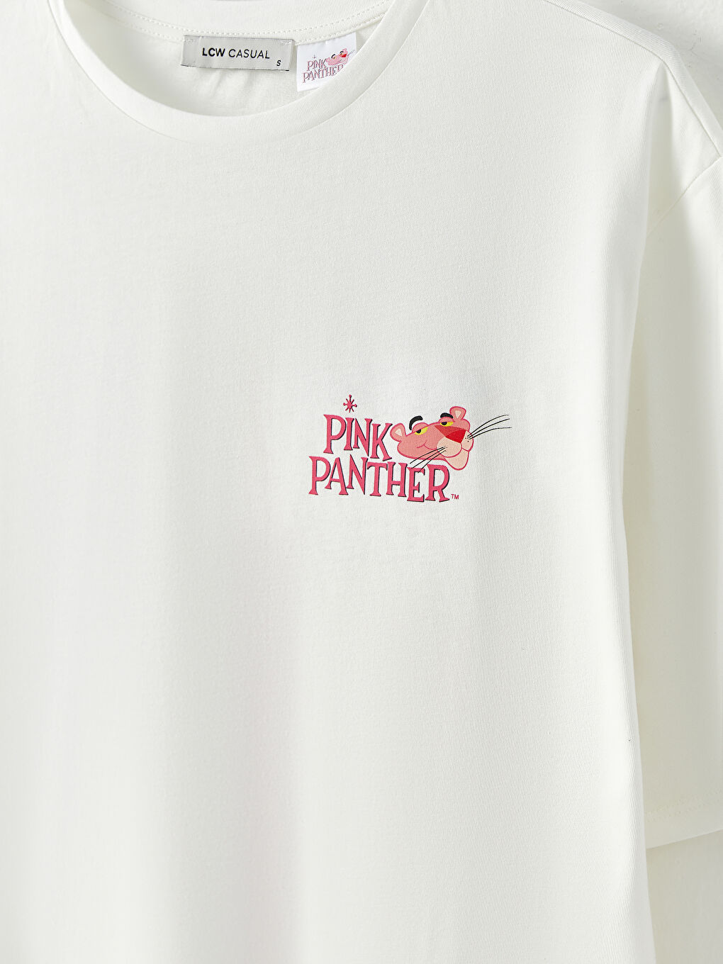 Ekru Bisiklet Yaka Pink Panther Baskılı Kısa Kollu Pamuklu Kadın Tişört-7