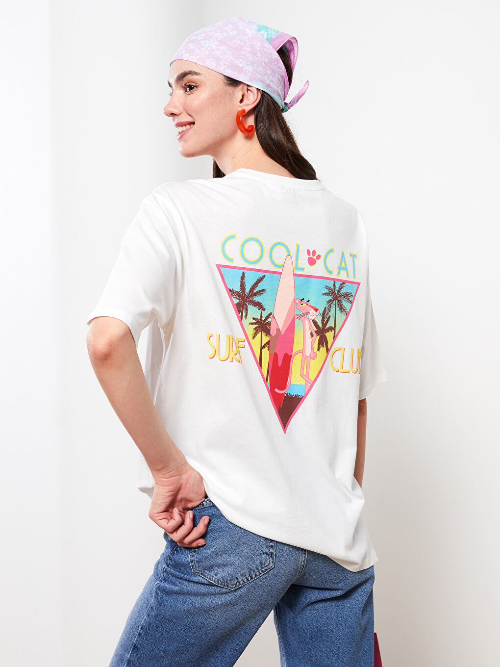 Ekru Bisiklet Yaka Pink Panther Baskılı Kısa Kollu Pamuklu Kadın Tişört