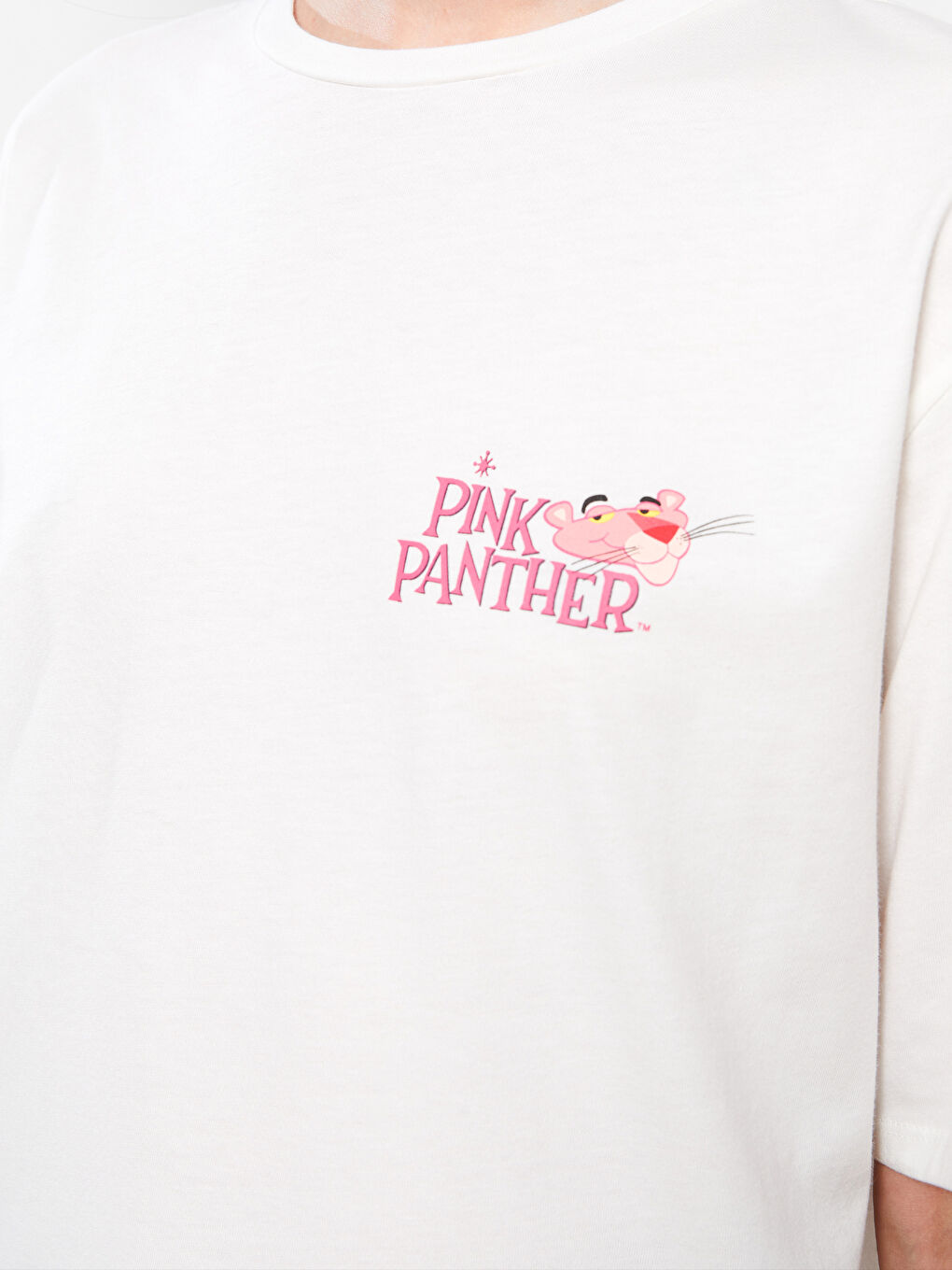 Ekru Bisiklet Yaka Pink Panther Baskılı Kısa Kollu Pamuklu Kadın Tişört-3