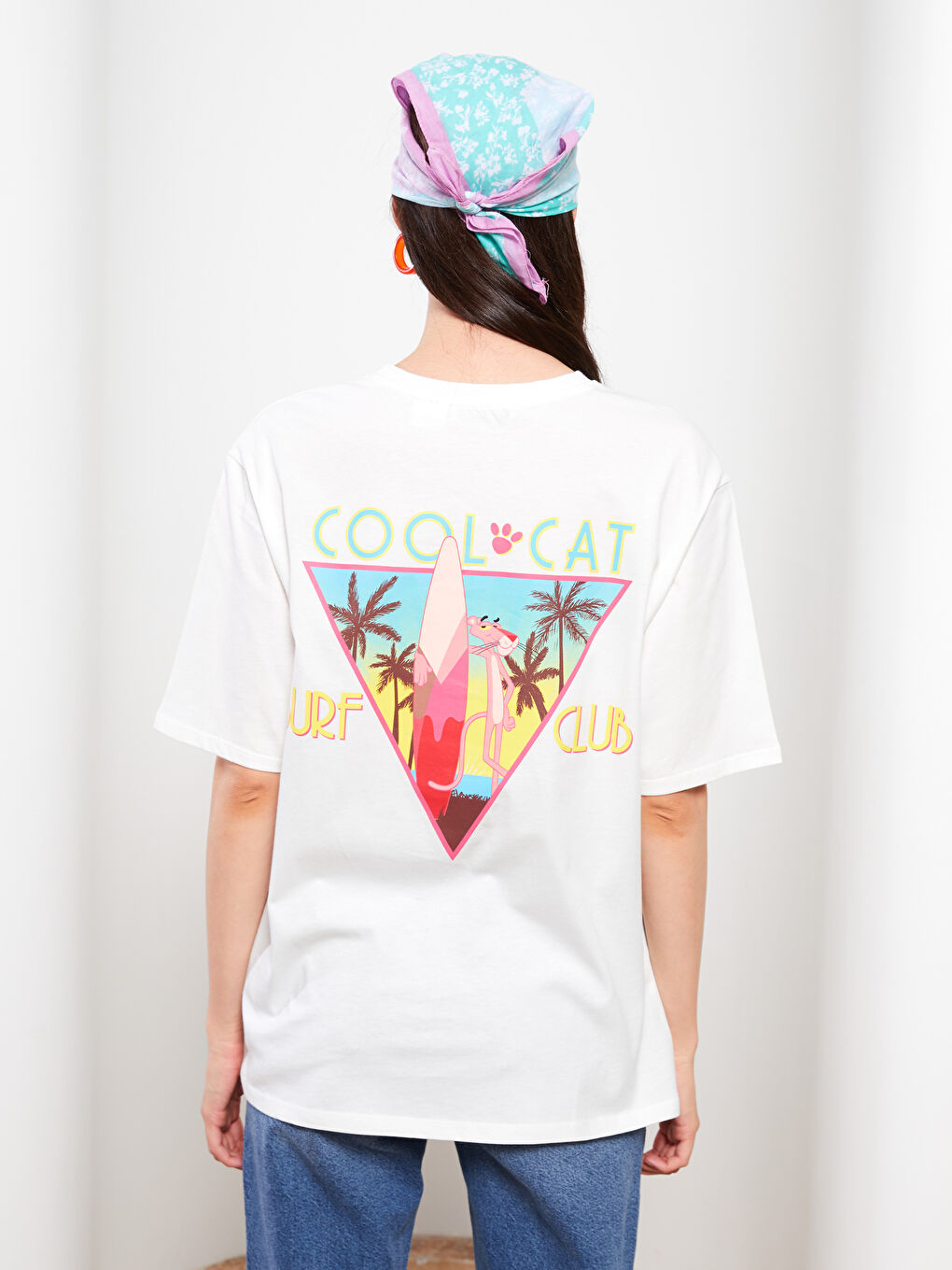 Ekru Bisiklet Yaka Pink Panther Baskılı Kısa Kollu Pamuklu Kadın Tişört-4