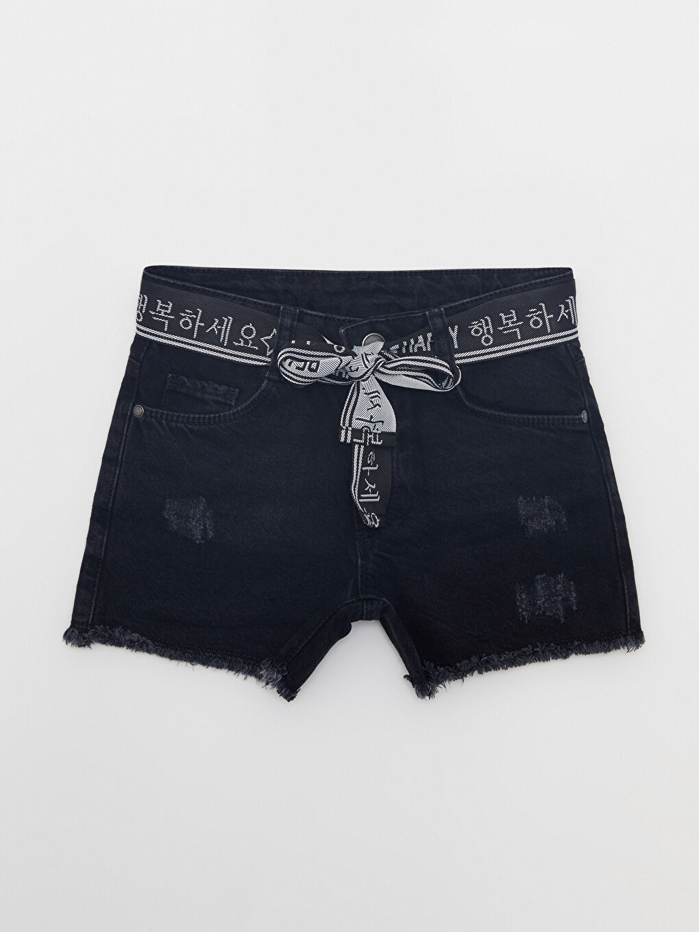 Siyah Pamuklu K-Pop Baskılı Kız Çocuk Jean Şort ve Kemer