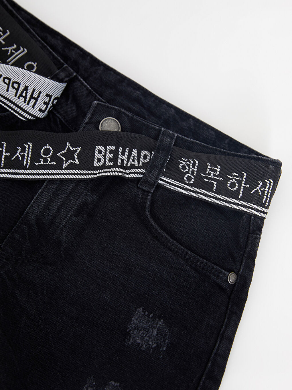 Siyah Pamuklu K-Pop Baskılı Kız Çocuk Jean Şort ve Kemer-1