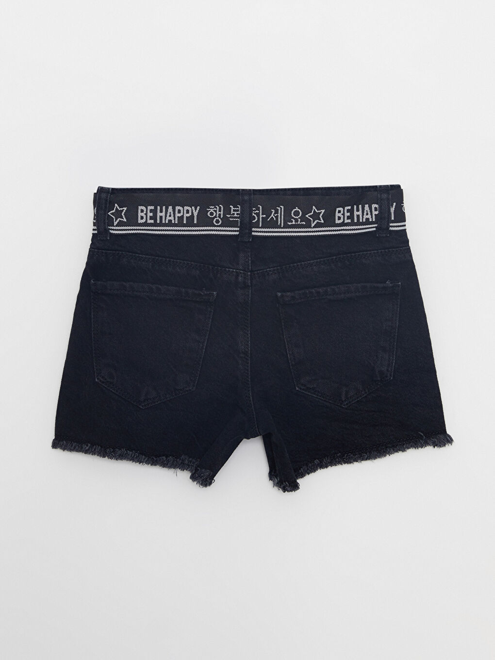 Siyah Pamuklu K-Pop Baskılı Kız Çocuk Jean Şort ve Kemer-2
