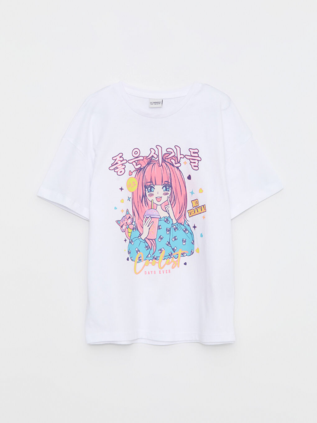 Beyaz Bisiklet Yaka K-Pop Baskılı Kısa Kollu Pamuklu Kız Çocuk Tişört