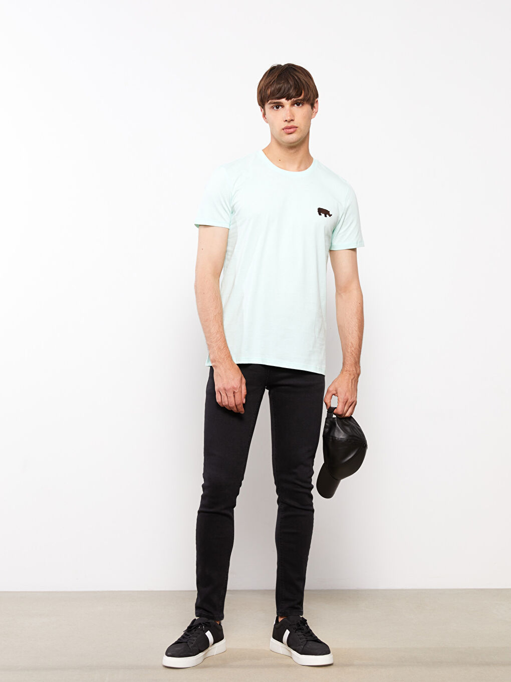 Turkuaz Bisiklet Yaka Kısa Kollu Nakışlı Penye Erkek Tişört