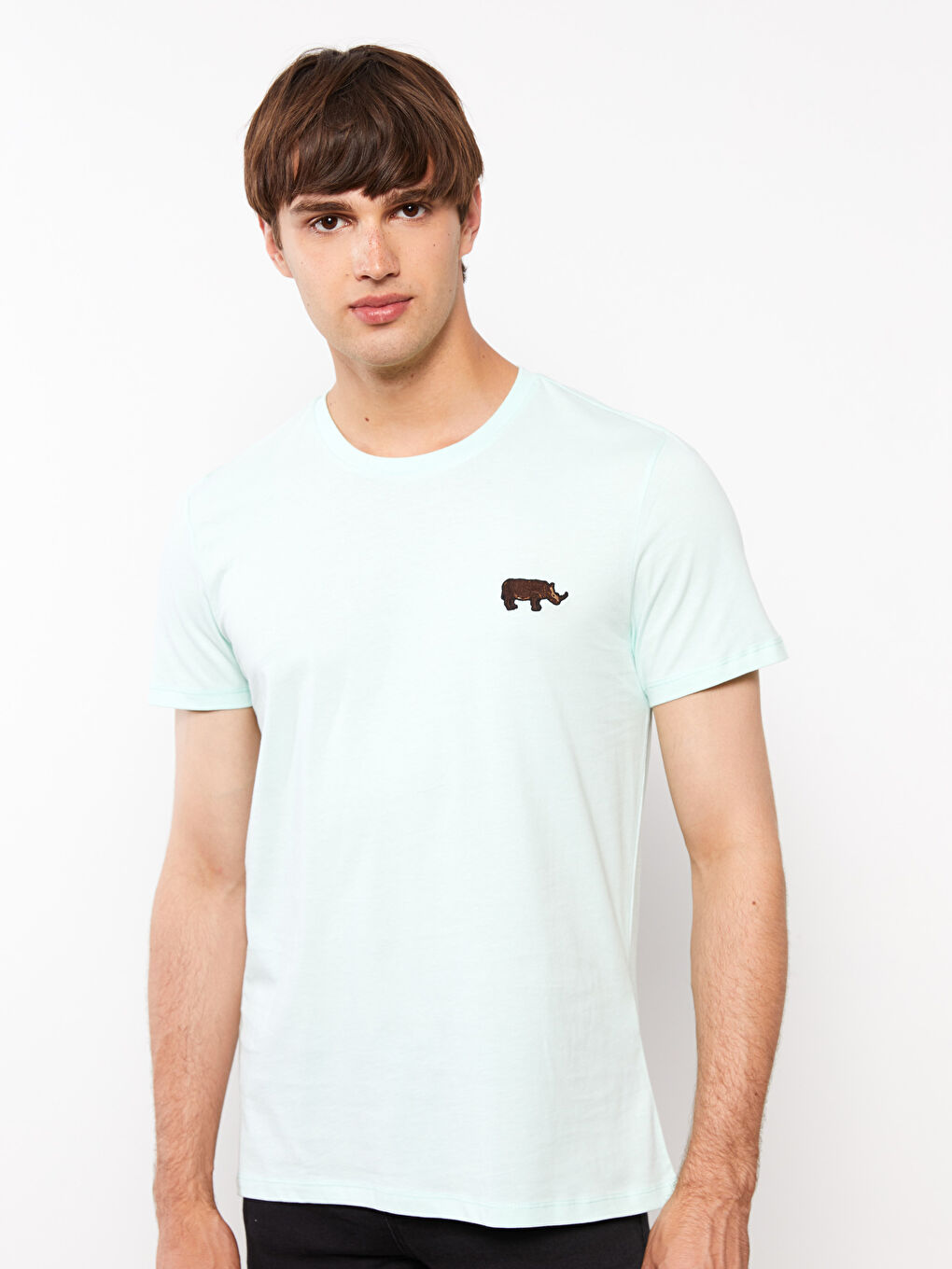 Turkuaz Bisiklet Yaka Kısa Kollu Nakışlı Penye Erkek Tişört-1