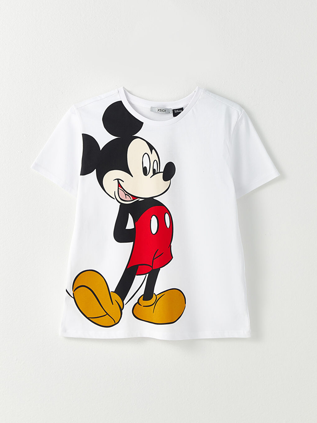 Beyaz Bisiklet Yaka Mickey Mouse Baskılı Kısa Kollu Pamuklu Kadın Tişört-4