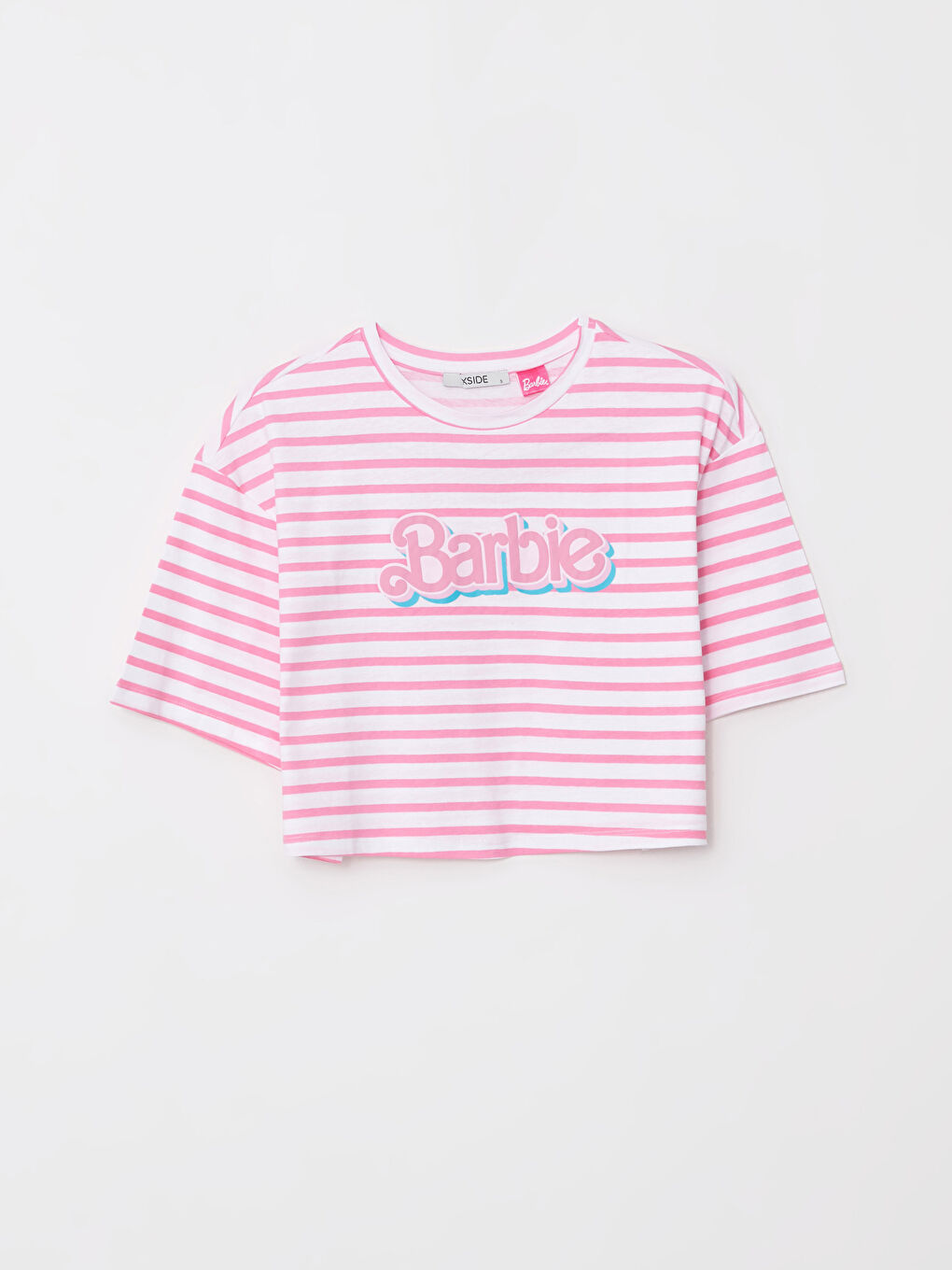 Pembe Bisiklet Yaka Barbie Baskılı Kısa Kollu Kadın Crop-5