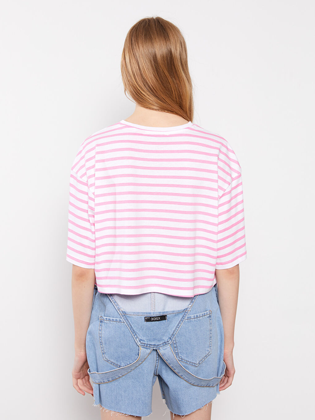 Pembe Bisiklet Yaka Barbie Baskılı Kısa Kollu Kadın Crop-4