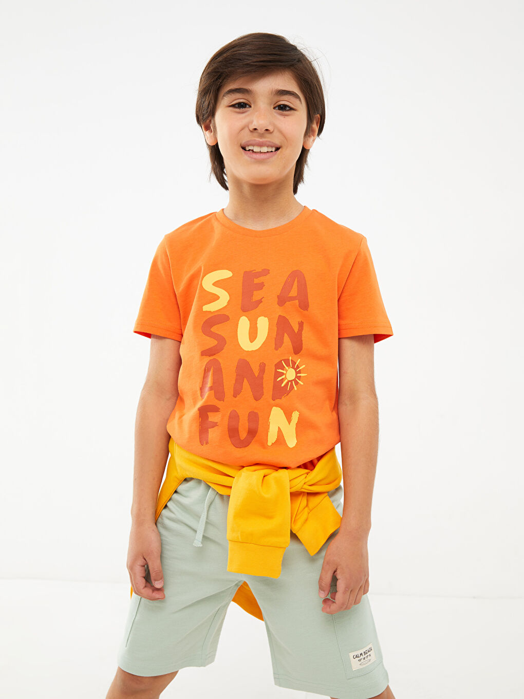 Turuncu Bisiklet Yaka Baskılı Kısa Kollu Pamuklu Erkek Çocuk Tişört