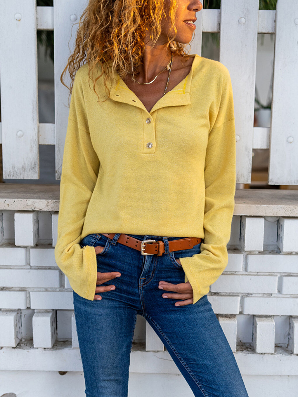 Sarı Bisiklet Yaka Düz Uzun Kollu Kadın Bluz