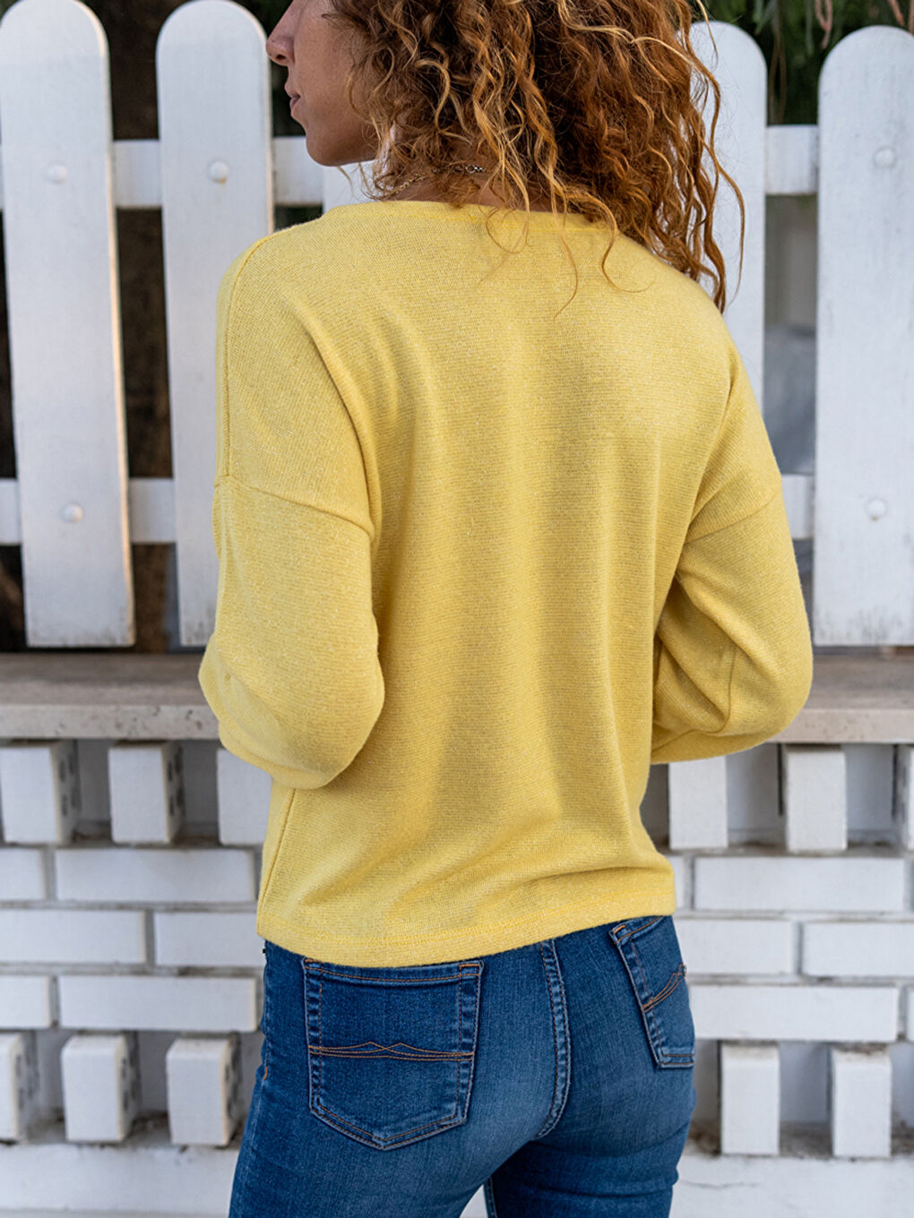 Sarı Bisiklet Yaka Düz Uzun Kollu Kadın Bluz-1