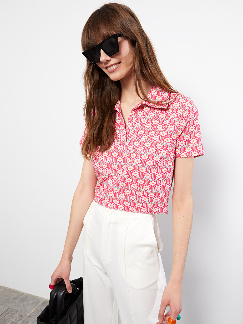 Pembe Gömlek Yaka Desenli Kısa Kollu Kadın Bluz-1