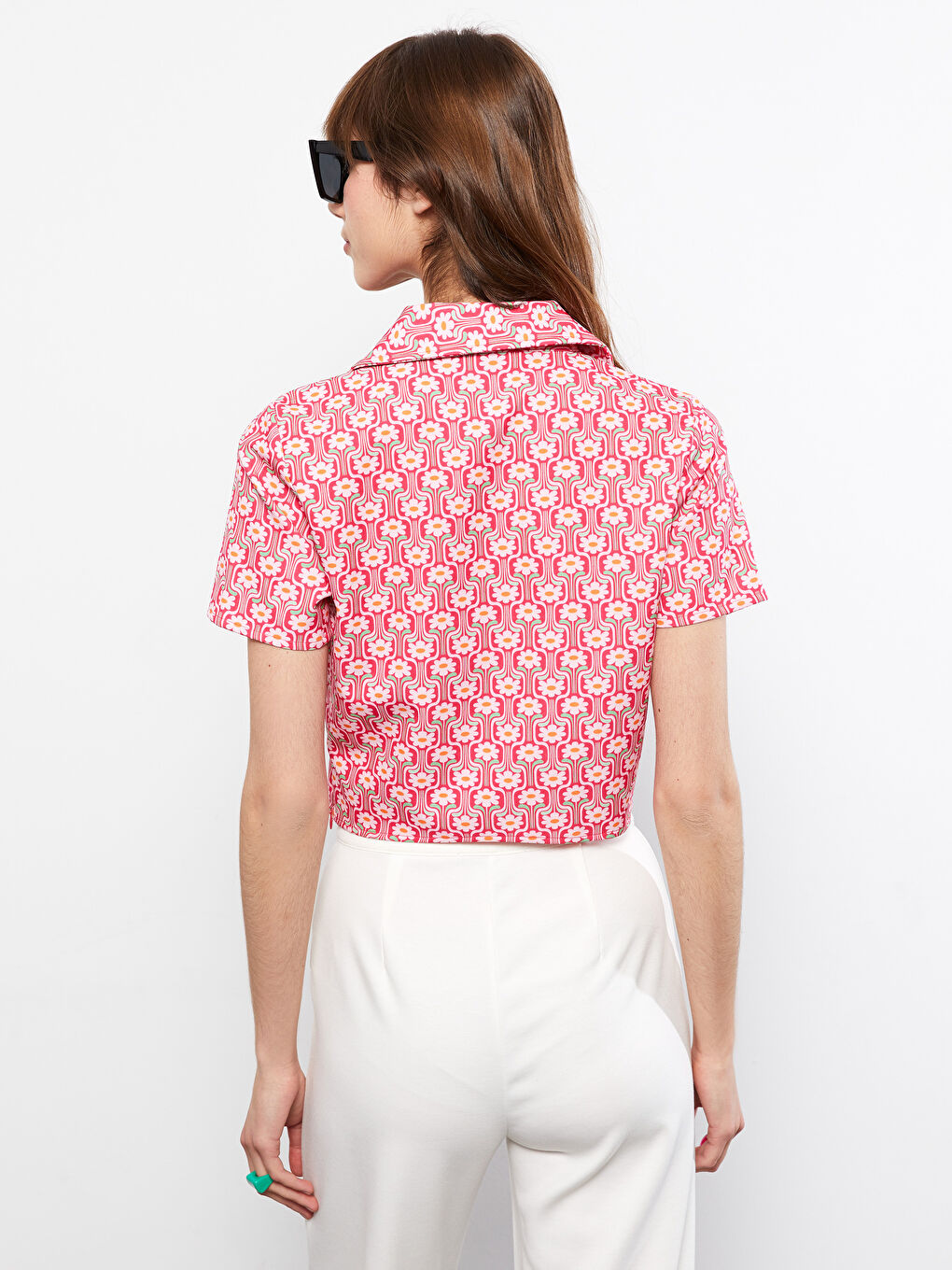 Pembe Gömlek Yaka Desenli Kısa Kollu Kadın Bluz-4