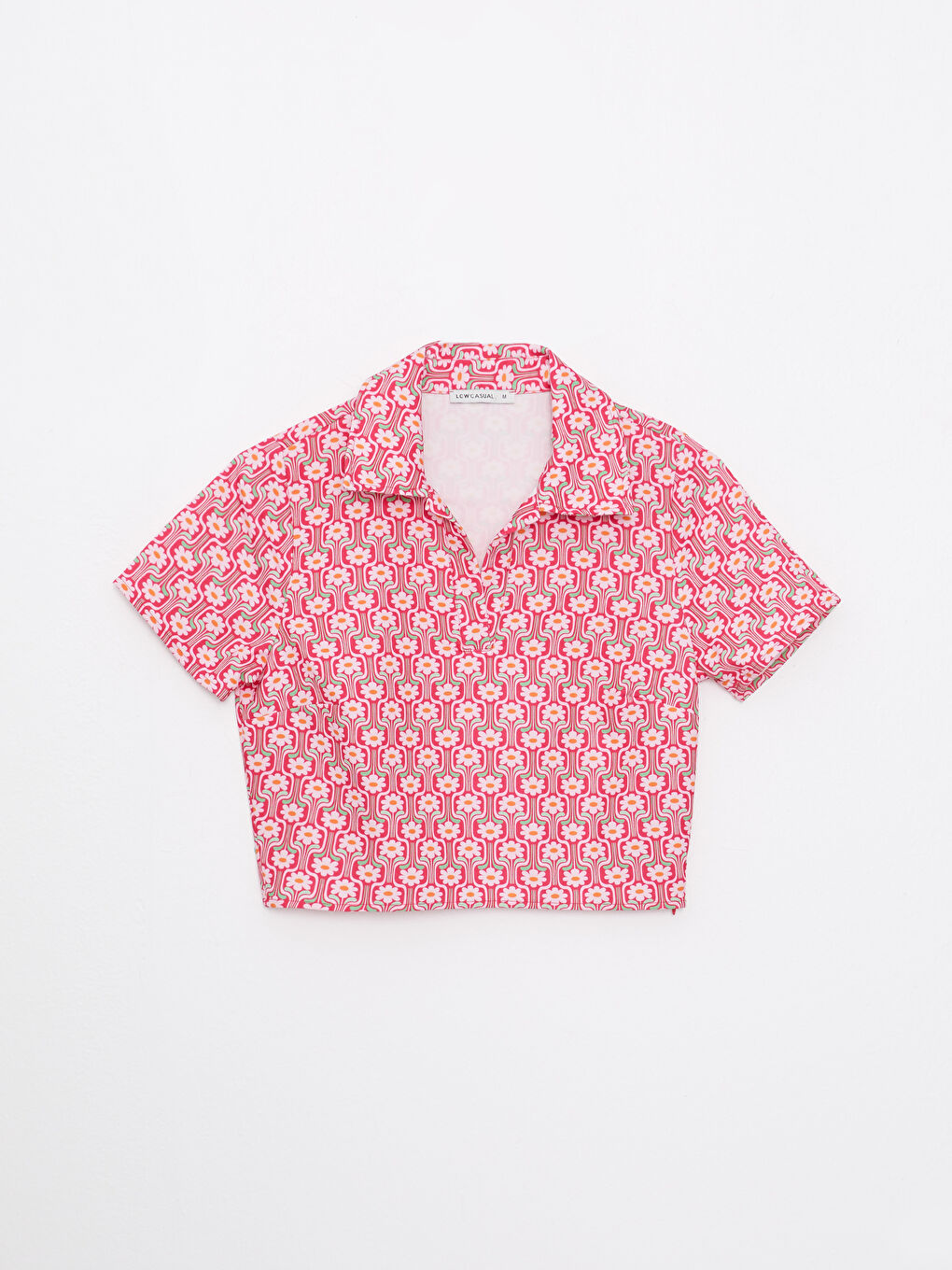 Pembe Gömlek Yaka Desenli Kısa Kollu Kadın Bluz-5