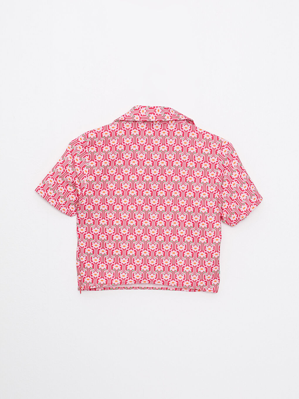 Pembe Gömlek Yaka Desenli Kısa Kollu Kadın Bluz-6