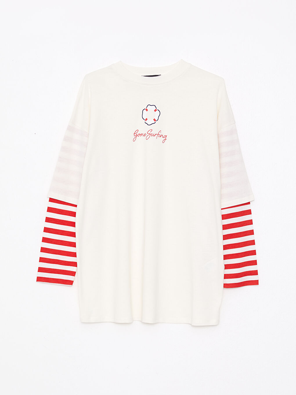 Ekru Bisiklet Yaka Baskılı Uzun Kollu Kadın Tunik-5