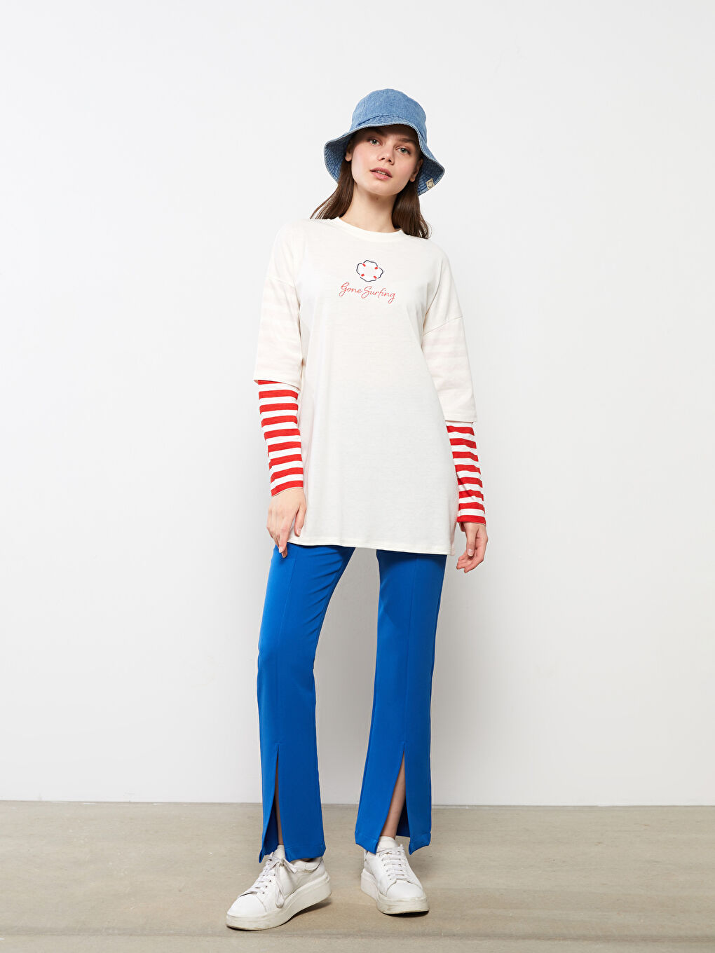 Ekru Bisiklet Yaka Baskılı Uzun Kollu Kadın Tunik