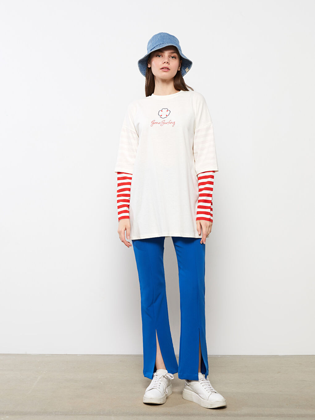 Ekru Bisiklet Yaka Baskılı Uzun Kollu Kadın Tunik-1