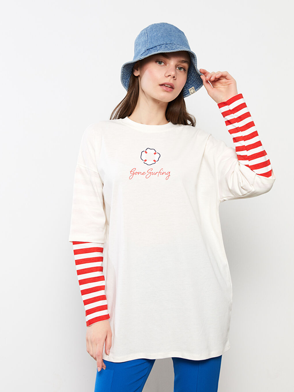 Ekru Bisiklet Yaka Baskılı Uzun Kollu Kadın Tunik-2