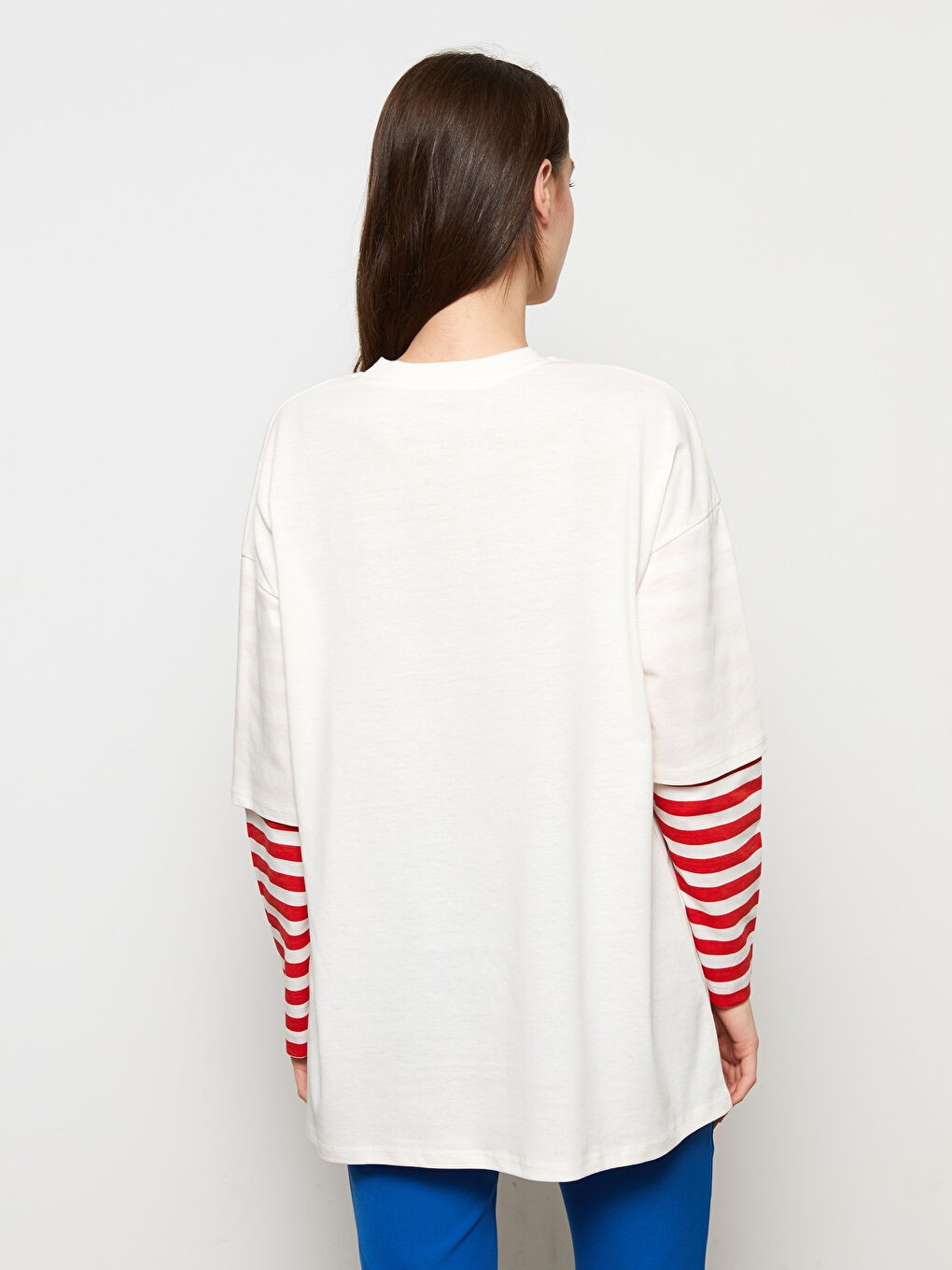 Ekru Bisiklet Yaka Baskılı Uzun Kollu Kadın Tunik-4