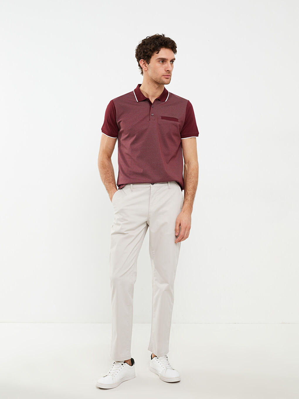 Bordo Polo Yaka Kısa Kollu Desenli Penye Erkek Tişört