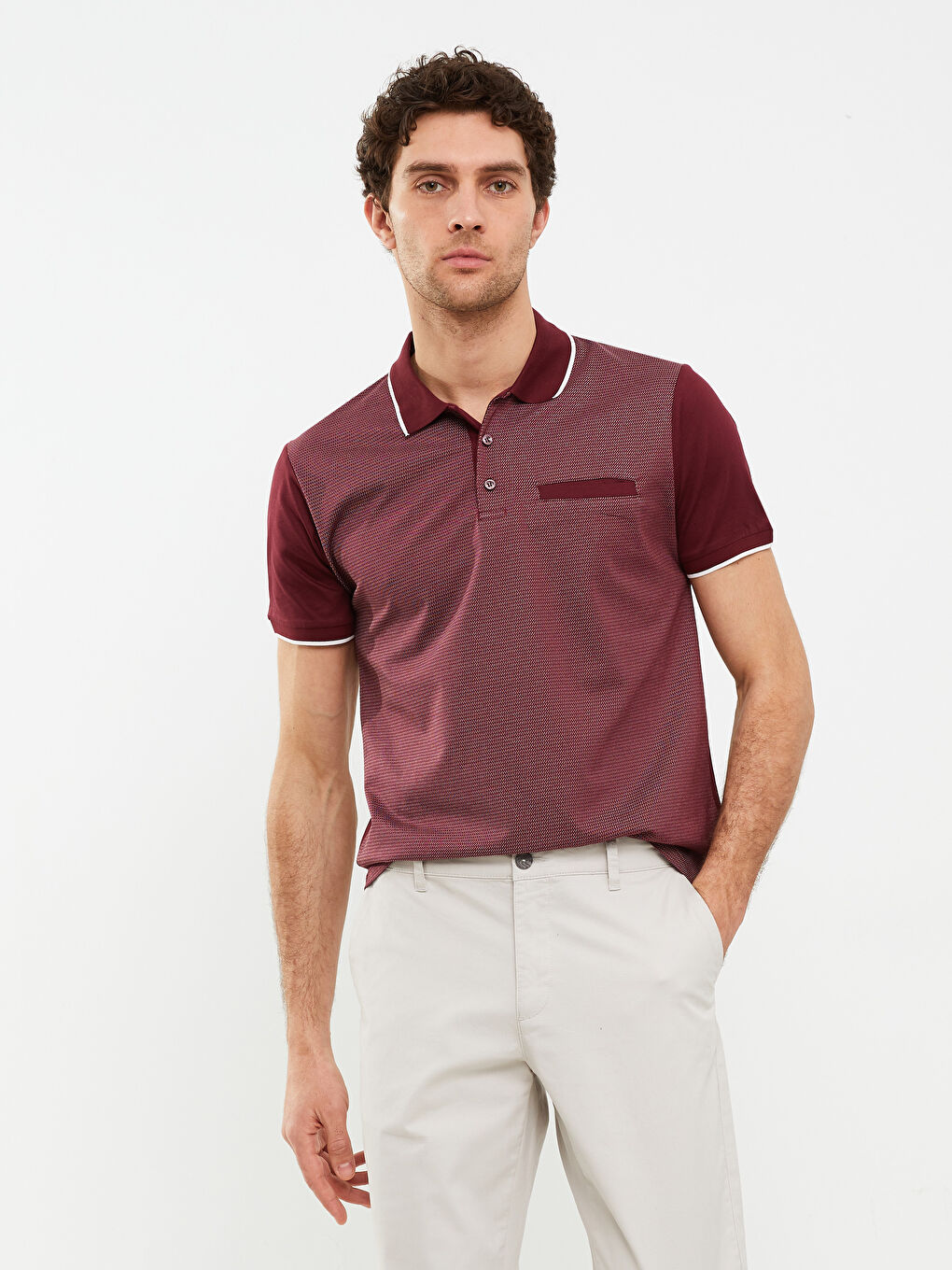 Bordo Polo Yaka Kısa Kollu Desenli Penye Erkek Tişört-1
