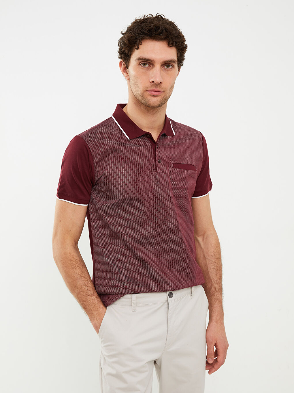 Bordo Polo Yaka Kısa Kollu Desenli Penye Erkek Tişört-2